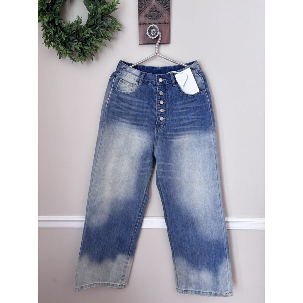 NWT Aelfric Eden Womens Size 28 Wide Leg Distressed Jeans Button Fly Streetwear